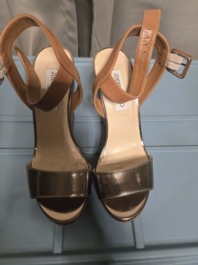 Jimmy Choo Metallic Pewter and Tan Ankle-Strap Platform Heels